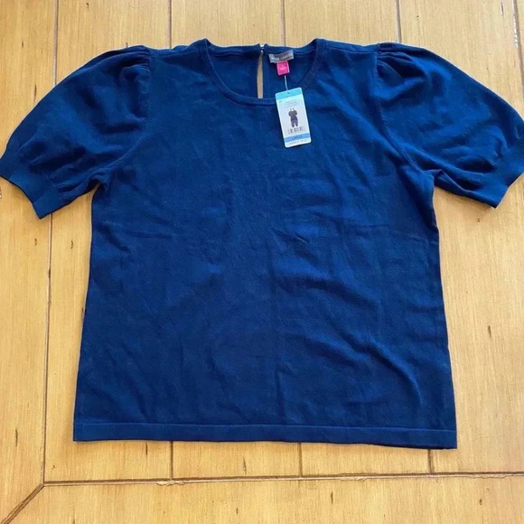 Vince Camuto women’s new short sleeve knit sweater top peep hole pearl button L - Picture 9 of 11